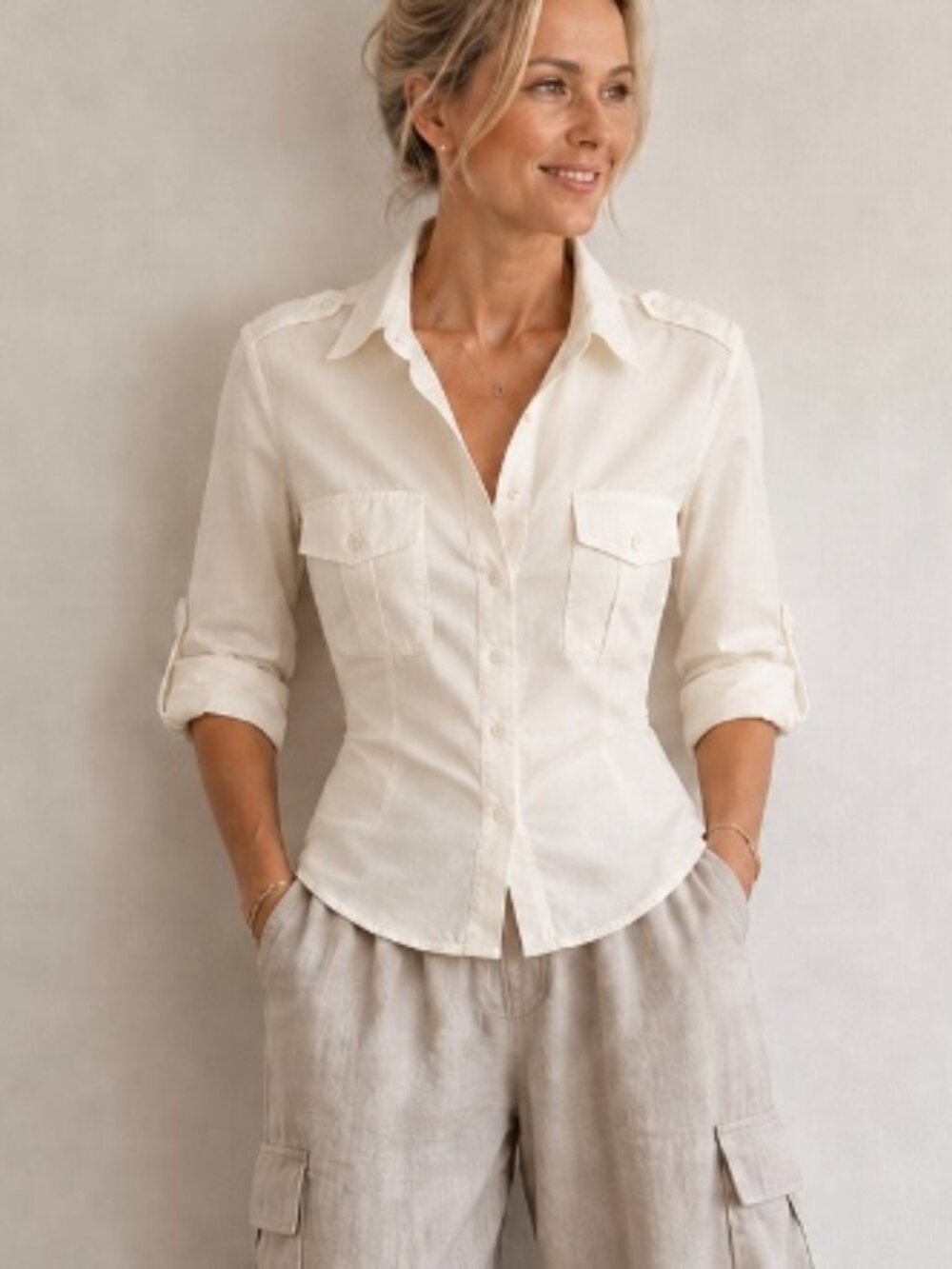 Norma Kamali Women's button down blouse size Med cotton cream utility casual